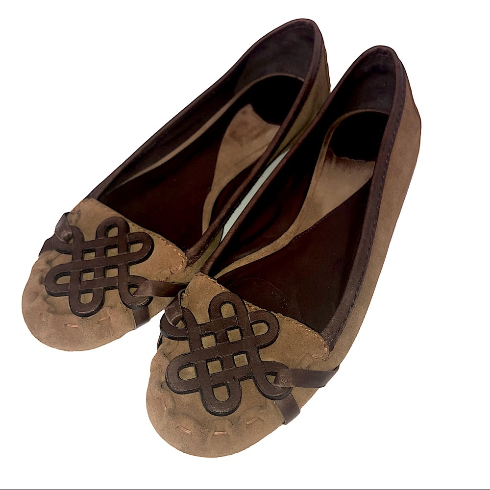 Diane‎ Von Furstenberg Flats Brown Leather Suede Wooden Celtic Love Knot 6